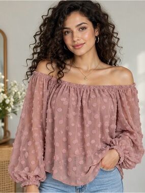 Dusty Mauve Swiss Dot Off Shoulder Blouse XL Romantic Boho Puff Sleeve NWT